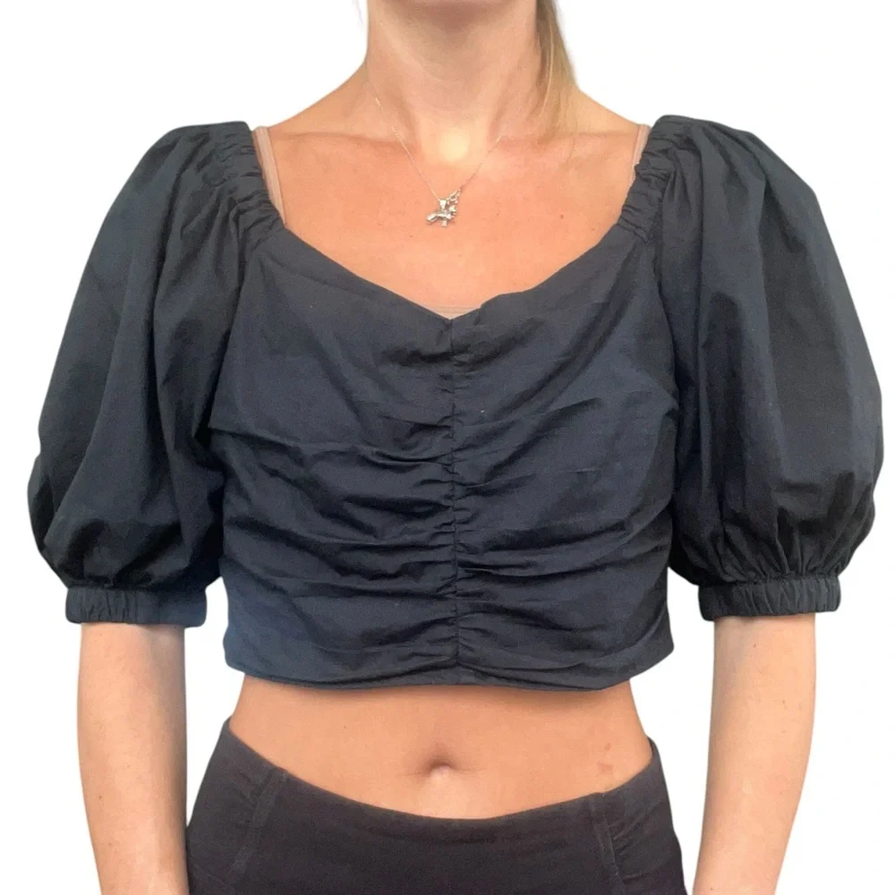Abercrombie & Fitch Womens M Black Short Puff Sleeves Smocked Ruched Cropped Top